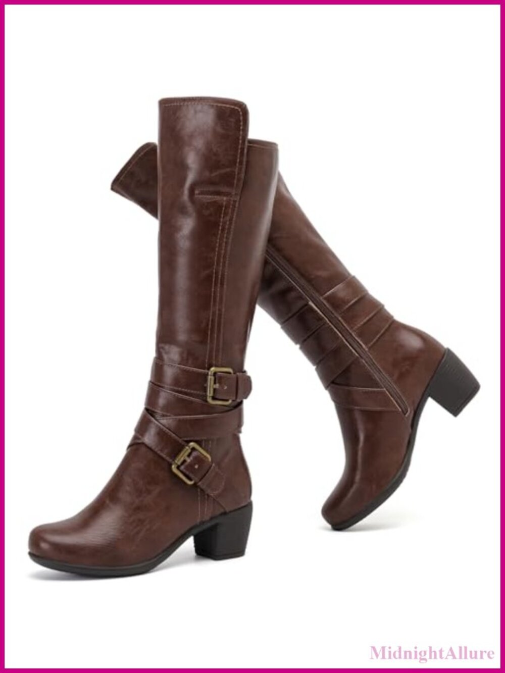 Women's Knee High Heeled Boots Faux Leather Pointed Toe Block Heel